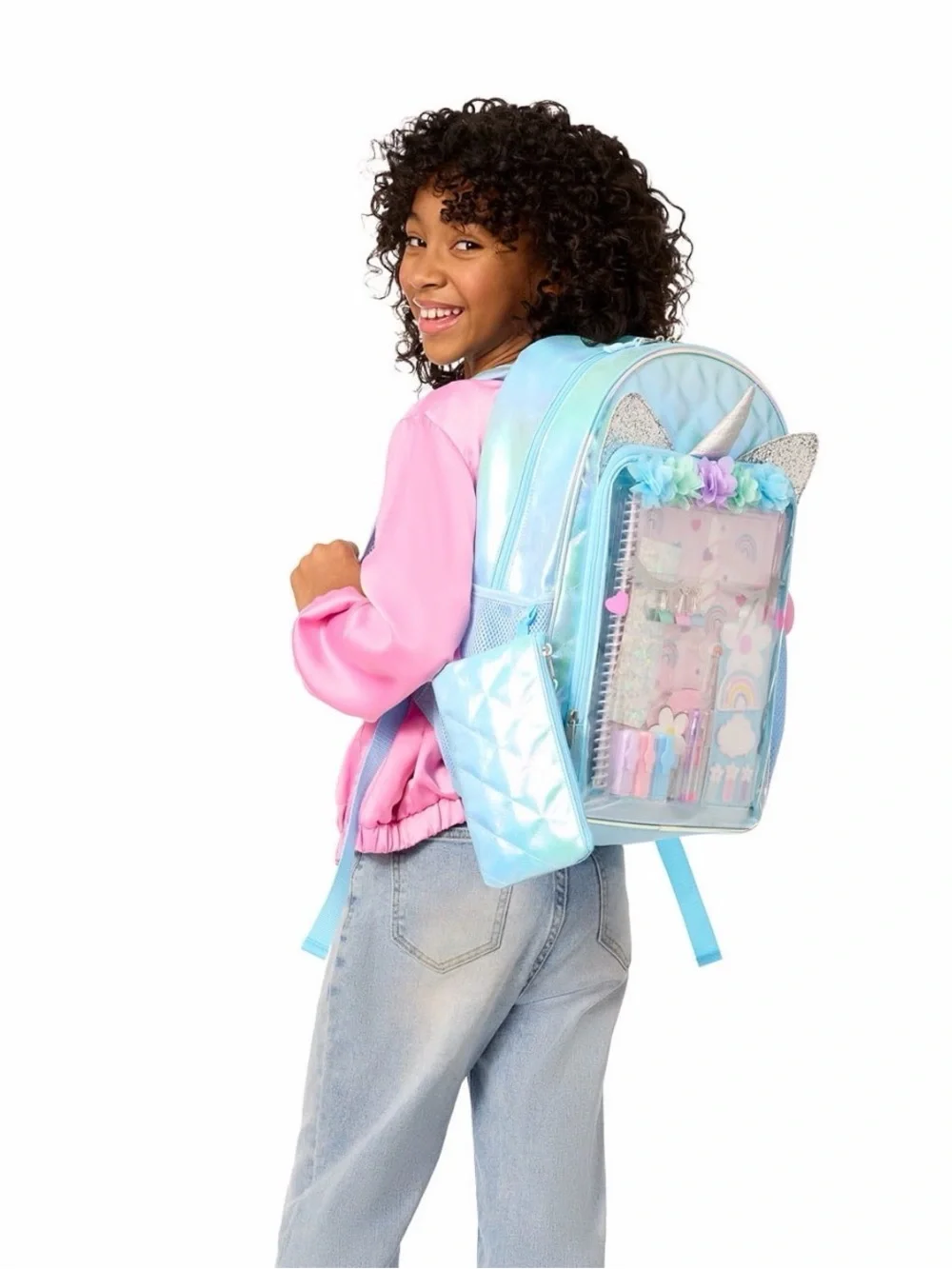 Girls Iridescent Light Blue Unicorn Backpack with Matching Pencil Case